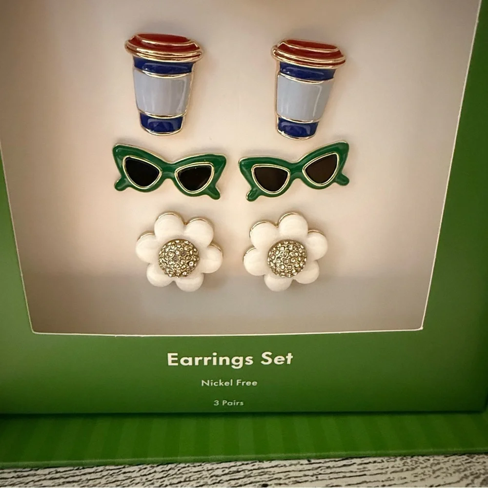 Kate Spade x Target Stud Earrings Sunglasses Flowers Coffee Cups 3 Pairs New